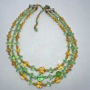 1950s vintage 3 triple multi strand green amber AB uranium glass beaded necklace